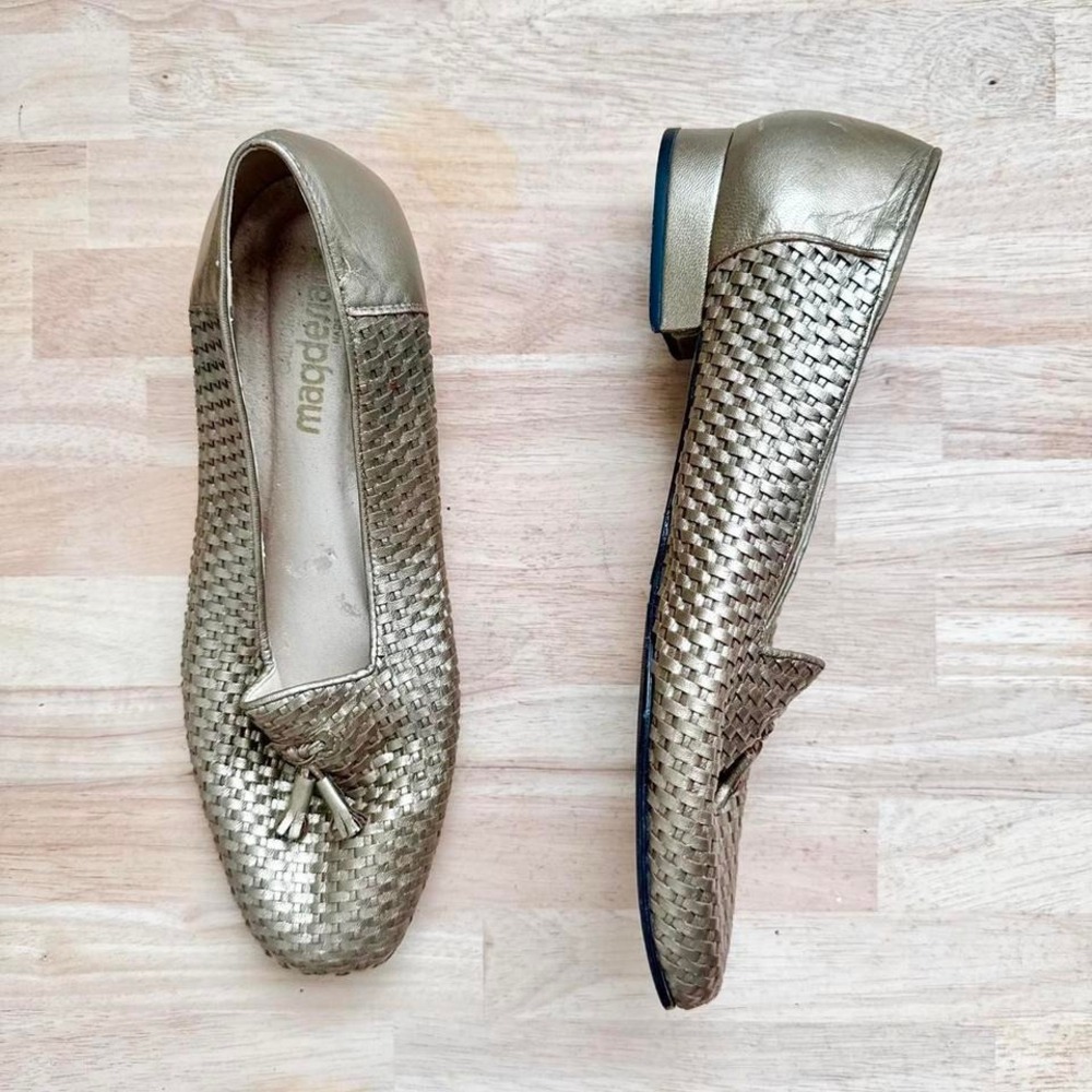 Vintage Gold‎ Woven Leather Loafer Size 10 Wide basket braided tassel